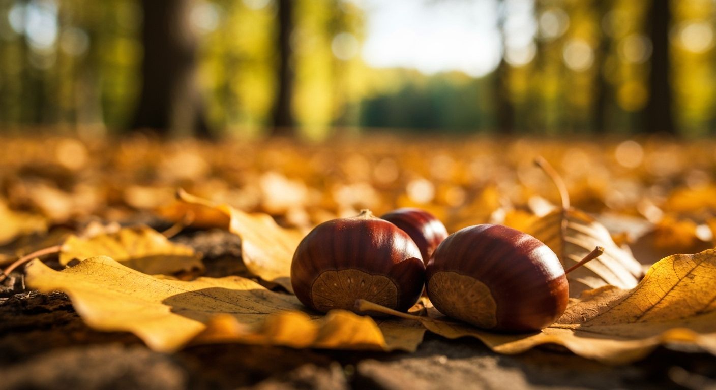 Hyperrealistic Chestnuts on Golden Autumn Leaves