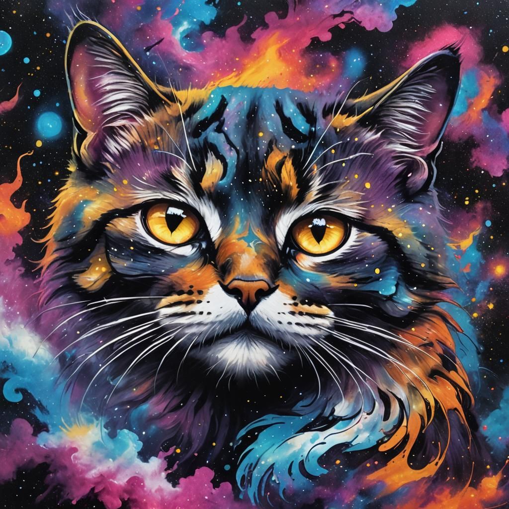 Cosmic Yin Yang Cats in Galaxy Graffiti Art