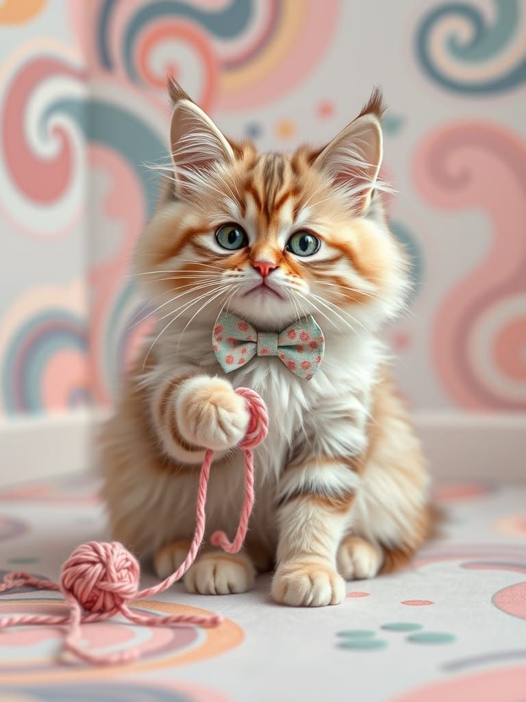 Whimsical Kawaii Cat Plays with Yarn in Vibrant Pastel Room