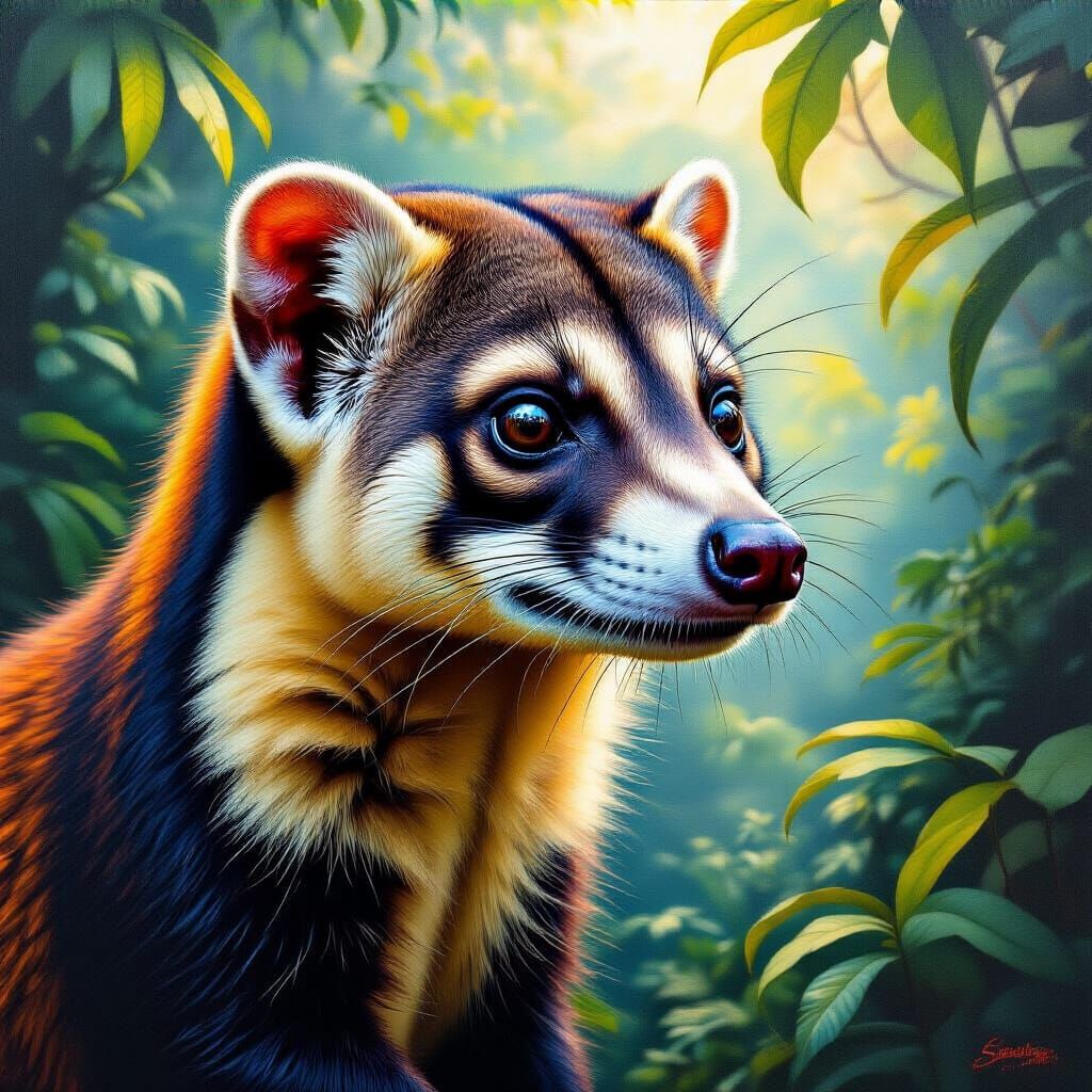Coati Portrait in Cloud Forest, Impasto Oil Painting