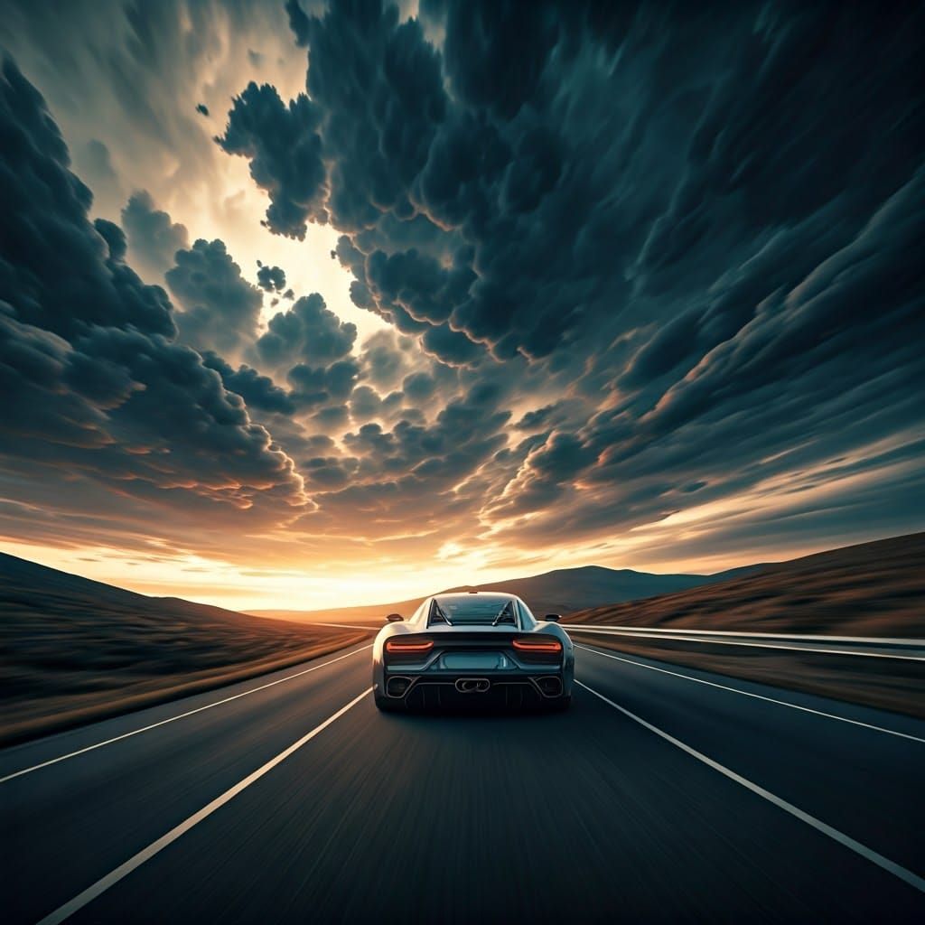 Sleek Sports Car Speeds Down Highway Amidst Turbulent Storm ...