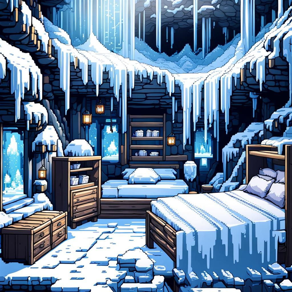 8-Bit Pixel Art: Icy Cave Bedroom