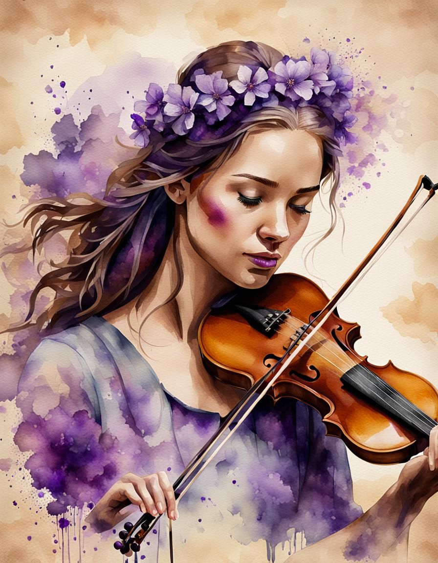 Monochrome Watercolor Portrait of Woman Playing Violin