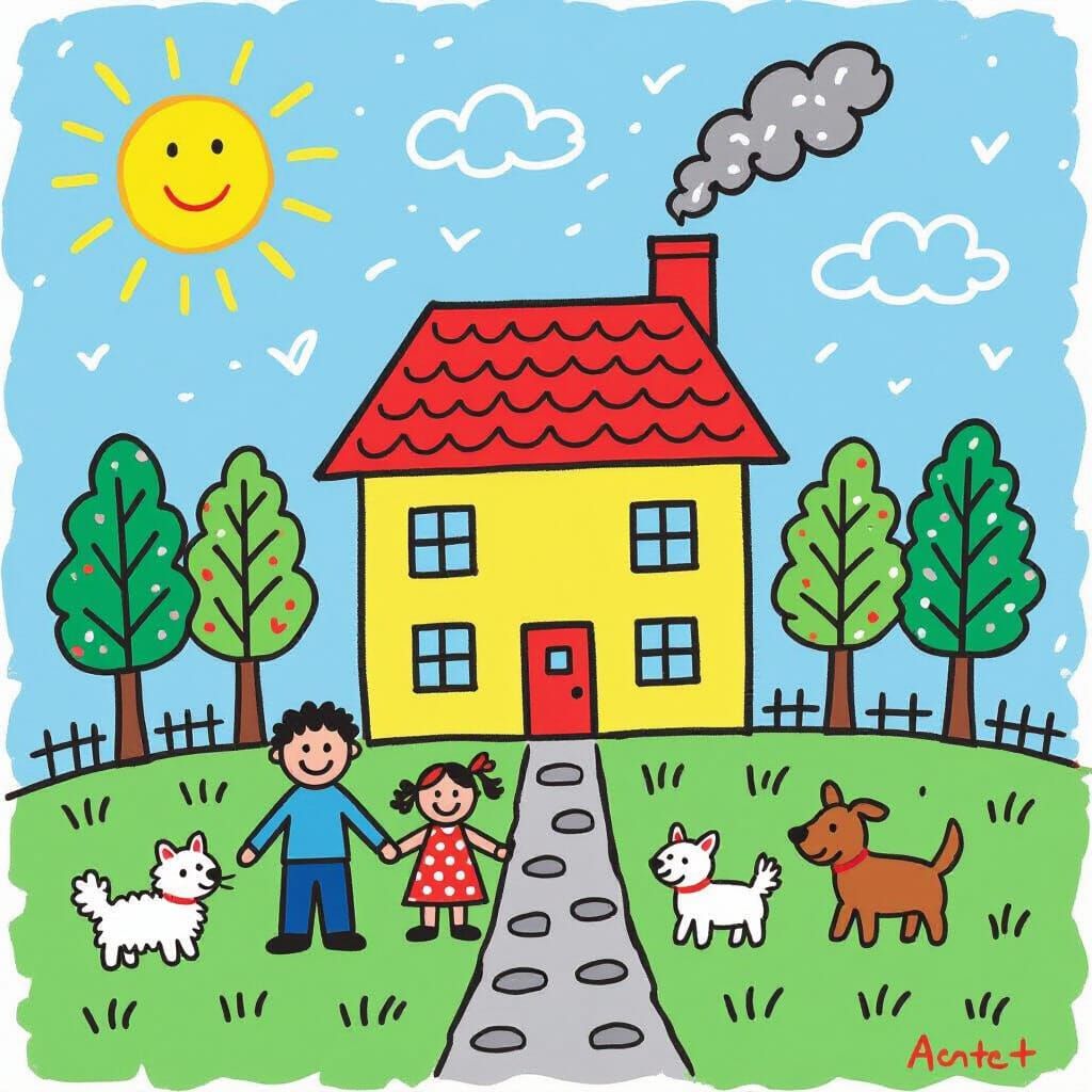 Colorful Crayon Drawing of a Family Home