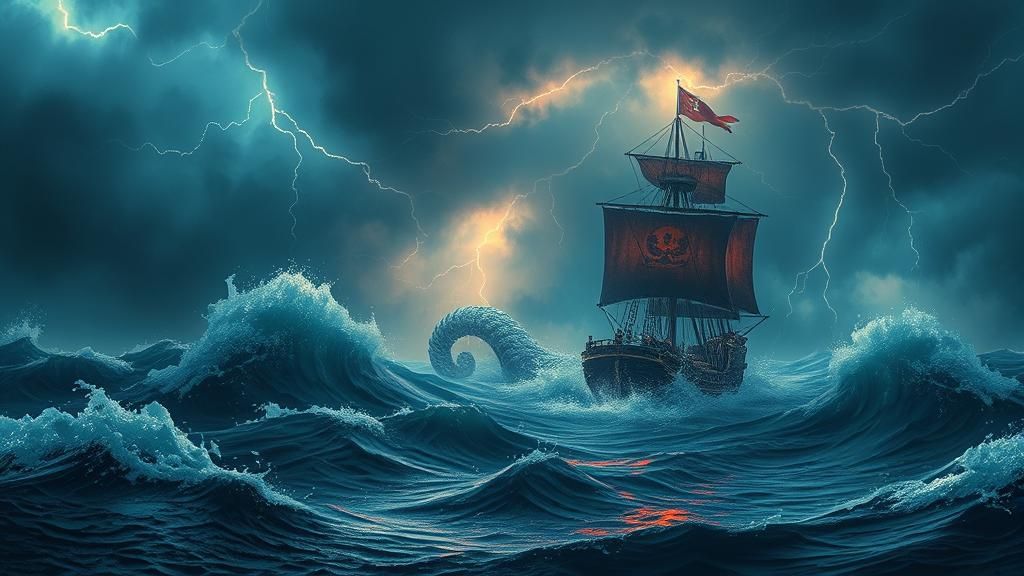Kraken Attacks Pirate Ship in Stormy Seas