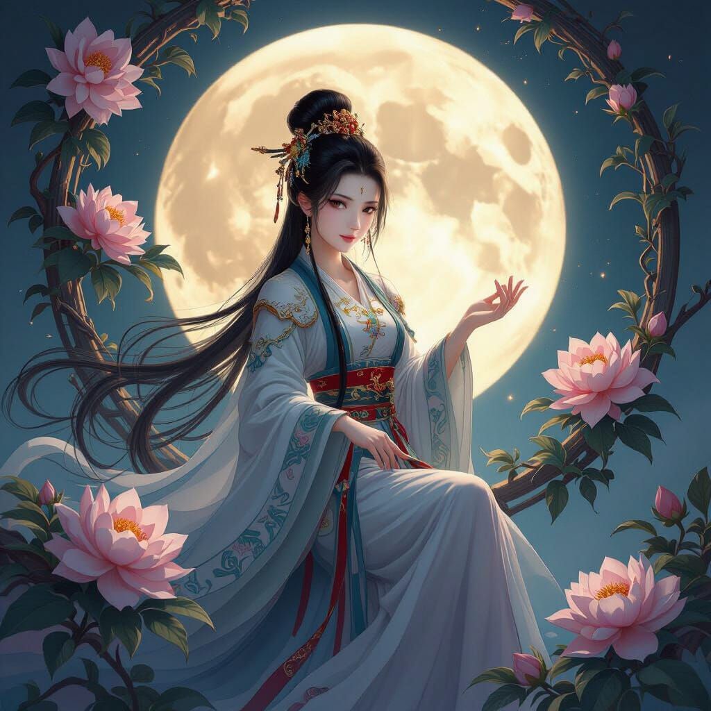 Chinese Moon Goddess Chang'e with Flowers in Detailed Matte ...