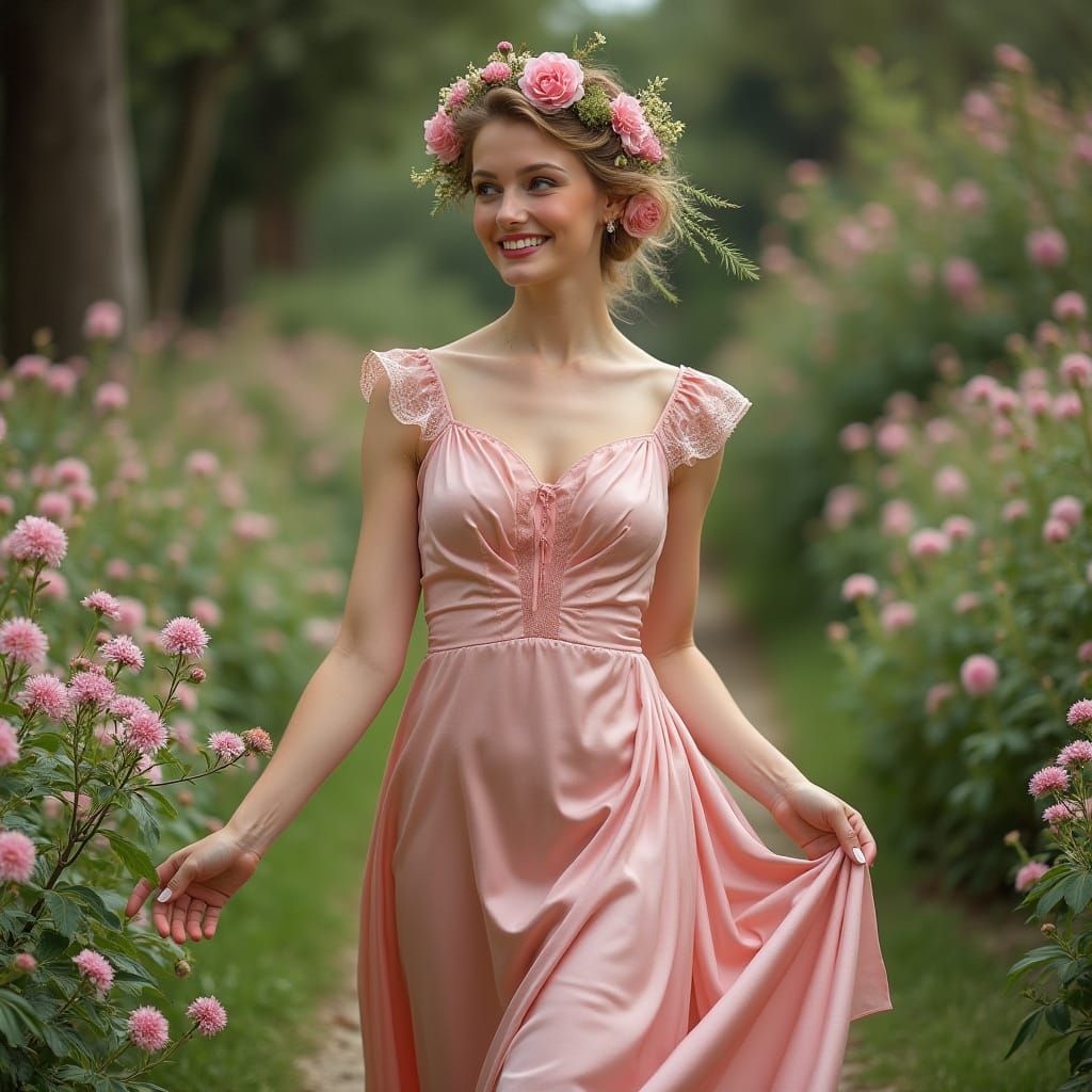 Elegant European Woman Strolls Through a Lush Garden in Soft...