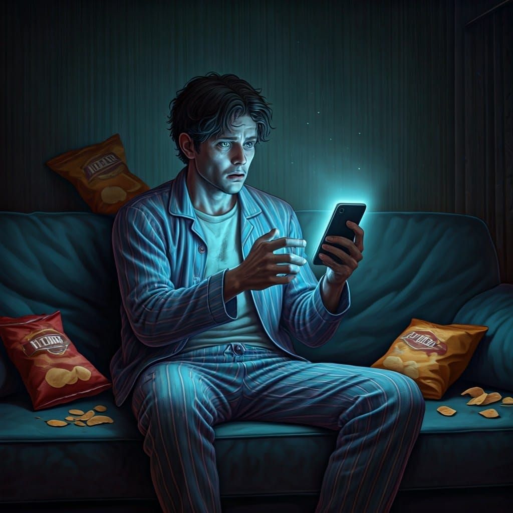 Man Fears His Smartphone in Neon-Lit Nighttime Scene