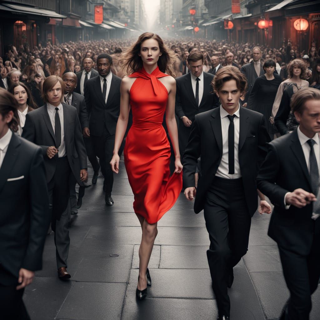 Elegant Woman in Red Dress Walking Through Crowd