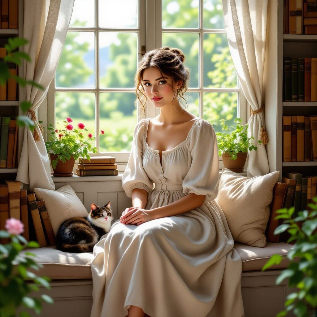 Cozy Cottagecore Scene with Woman Reading, Vermeer Style