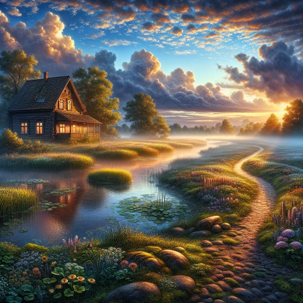 Old House by River at Dawn in Photorealistic Style