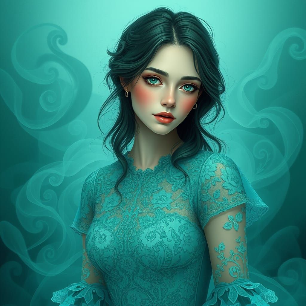 Ethereal Woman in Turquoise Green Lace Dress