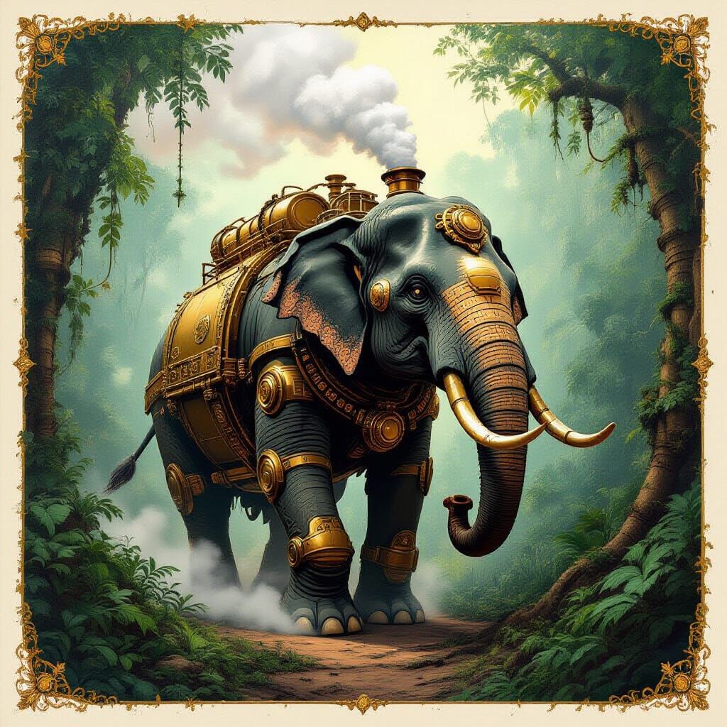 Steampunk Elephant in Jungle Oil Painting