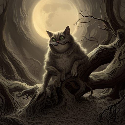 Feral Cheshire Cat in Dark Forest, Engraving Style