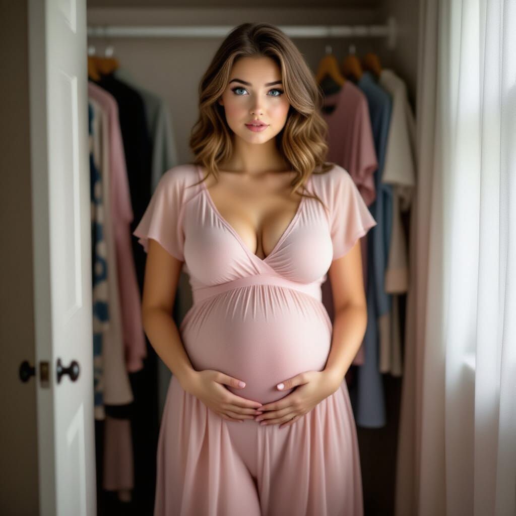 Plump Woman Shocked by Growing Body in Sheer Nightgown