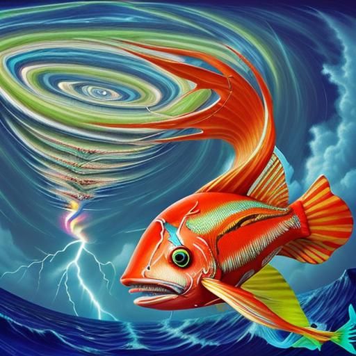 beach paradise psychedelic storm  tornado flying fish