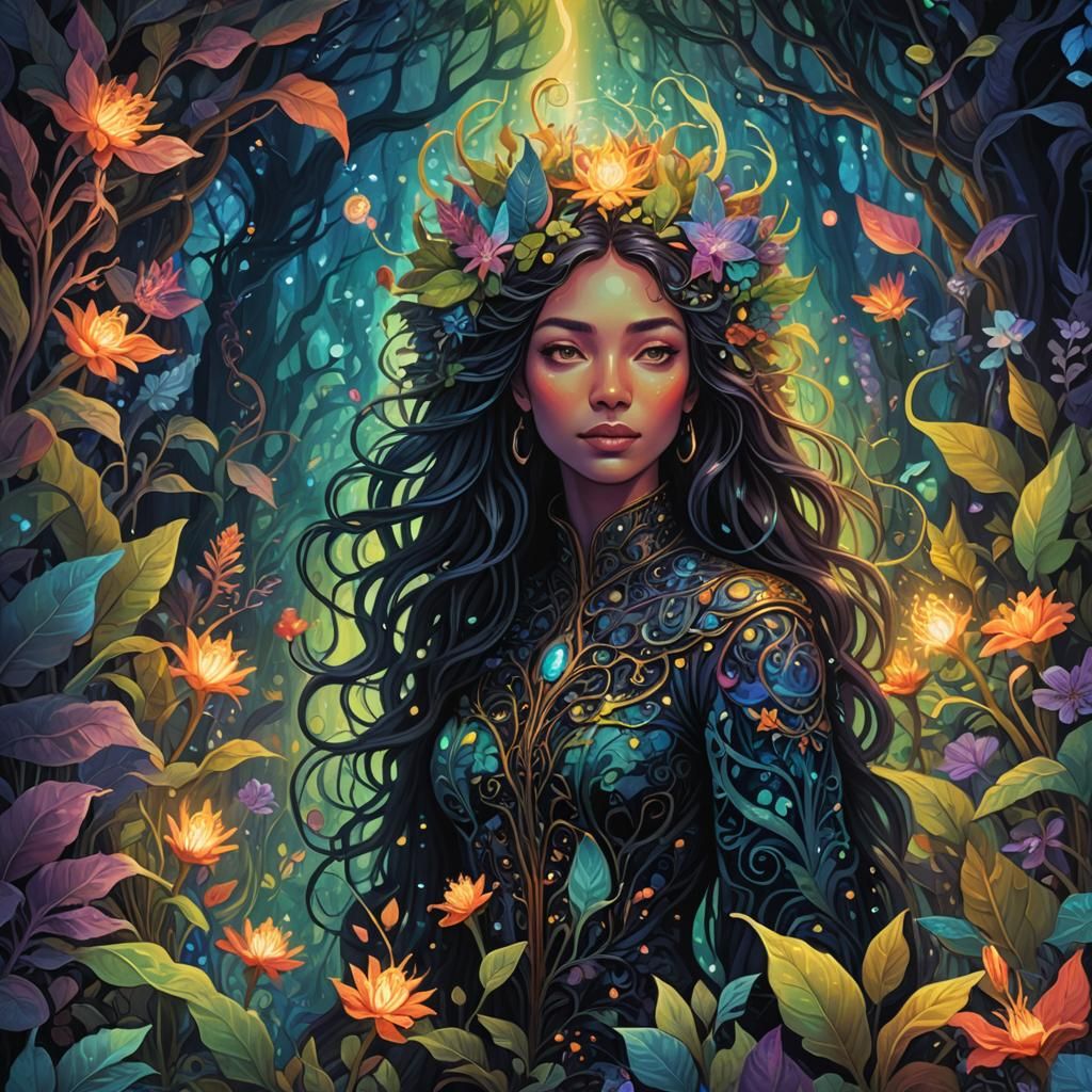 Mysterious Garden with Astral Colors and Shadowy Creatures