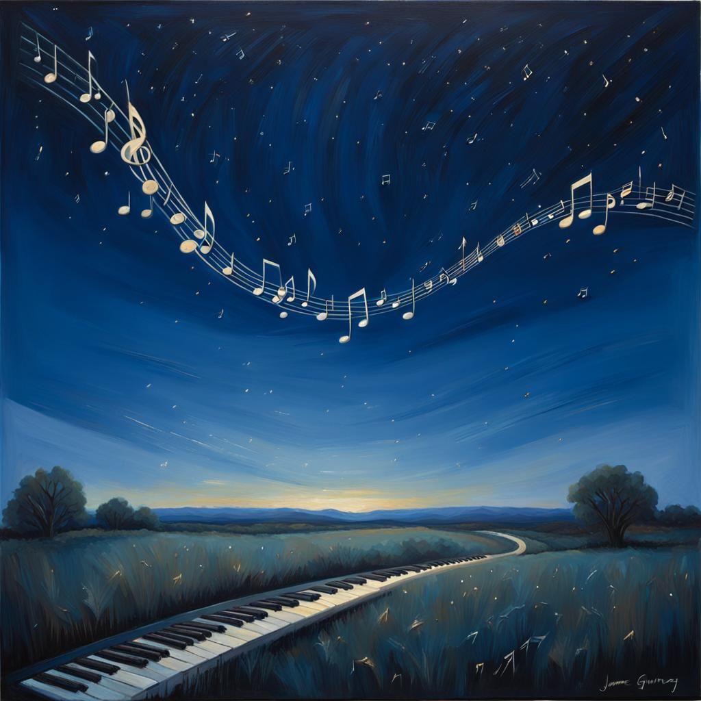 Music Notes Dance in Starry Sky: Oil Painting