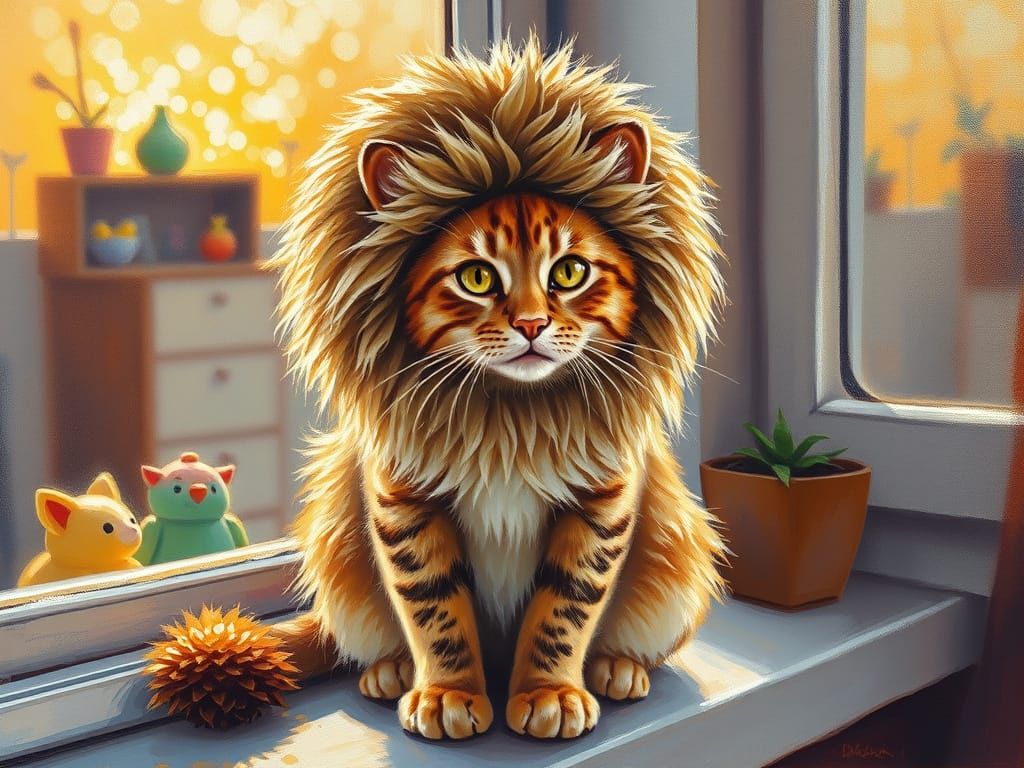 Impressionist Cat in Lion Costume on Windowsill
