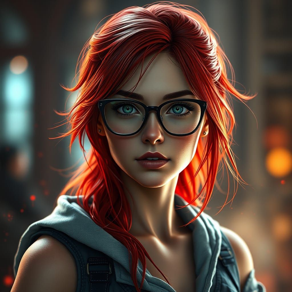 Fantasy Girl in Red Hair Portrait Wears Glasses
