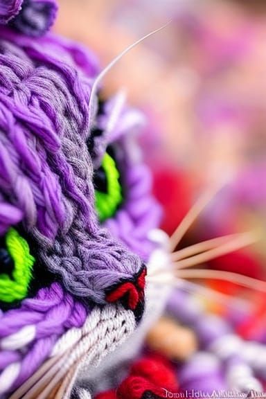 Colorful Crochet Kitten Portrait in Fantasy Style