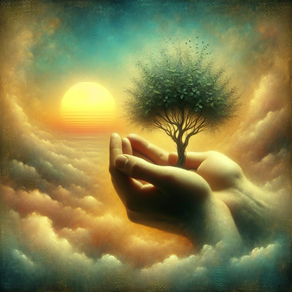 Hope Held in Hands with Sunrise and Mystic Fog