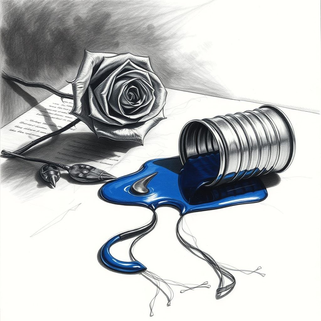 Surreal Rose and Tin Can Sketch with Blue Puddle