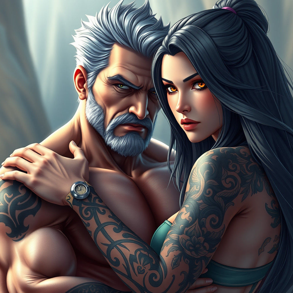 Intense Gaze: Anime-Inspired Older Man and Young Woman