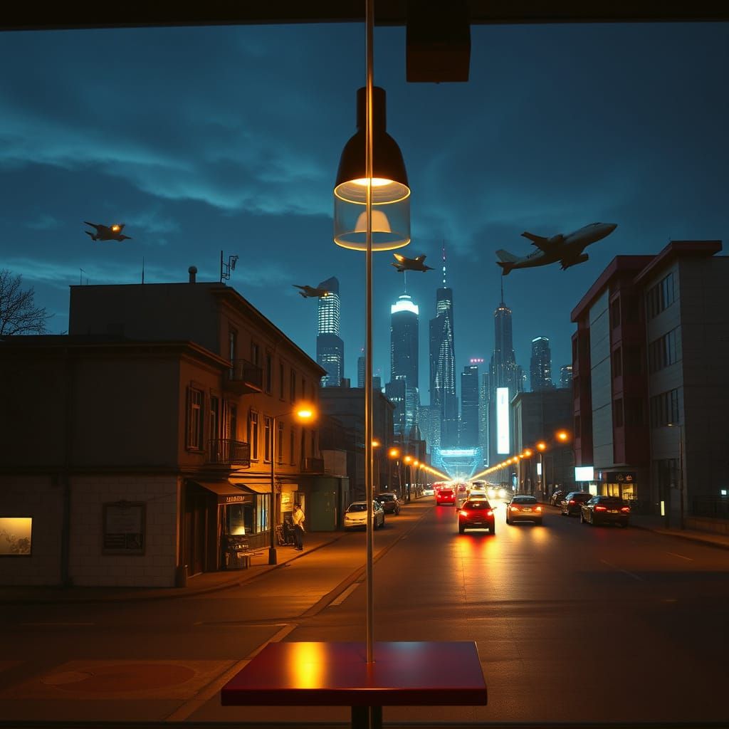 Surreal Night Cafe with Old Street and Futuristic Skyline
