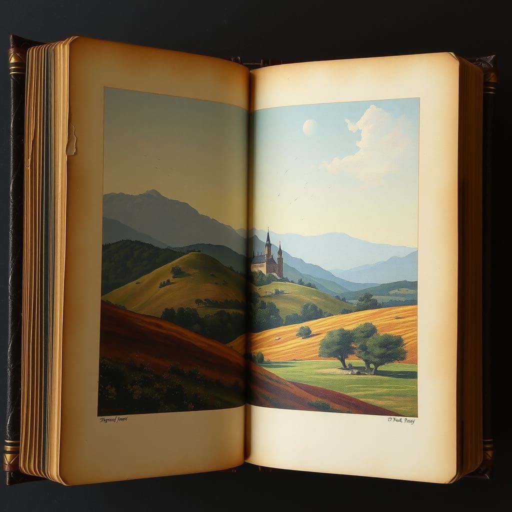 Oil Painting Landscape Inside Antique Book