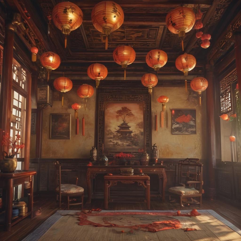 Serene Chinese Room with Lanterns in 3D Game Art