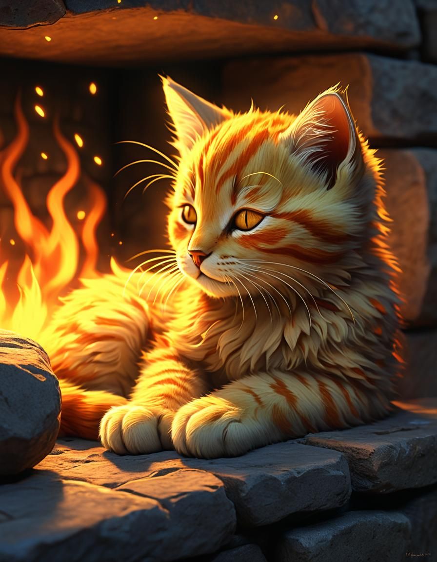 Fiery Kitten Sleeps in Hearth, Fantasy Art