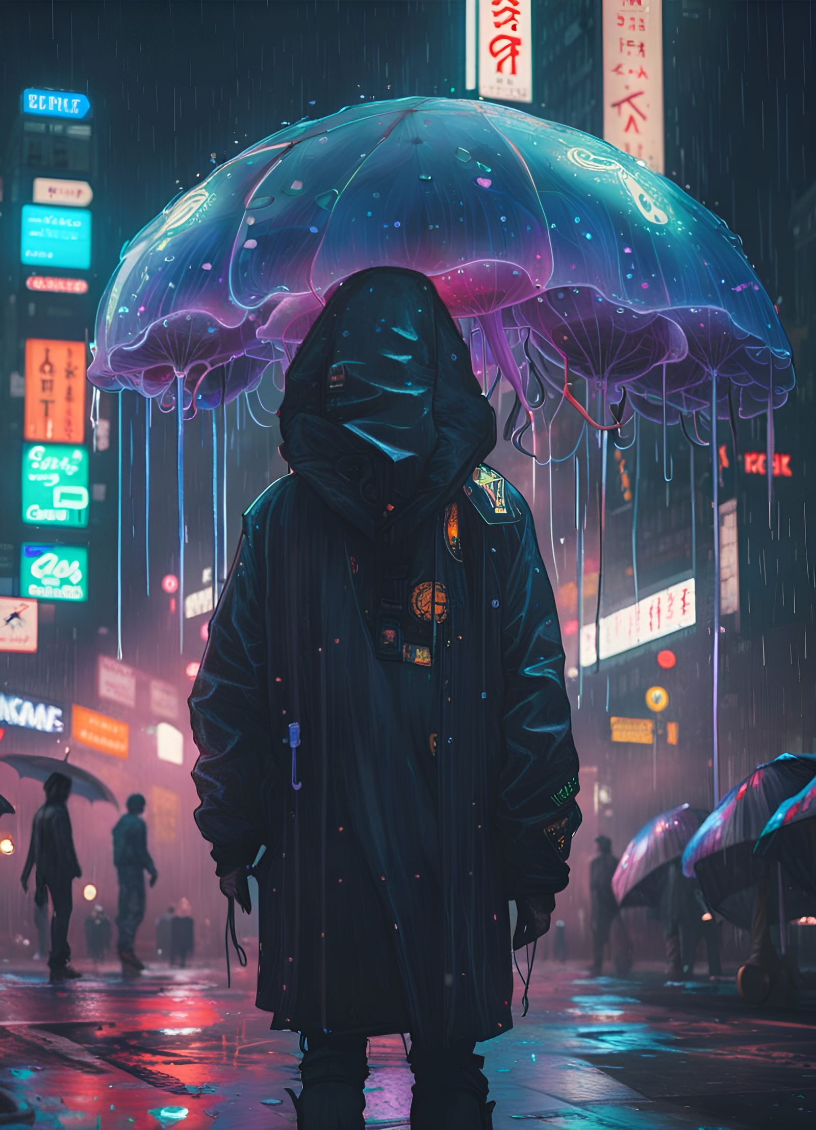 Rainy Tokyo Night: Cyberpunk Jellyfish in Neon