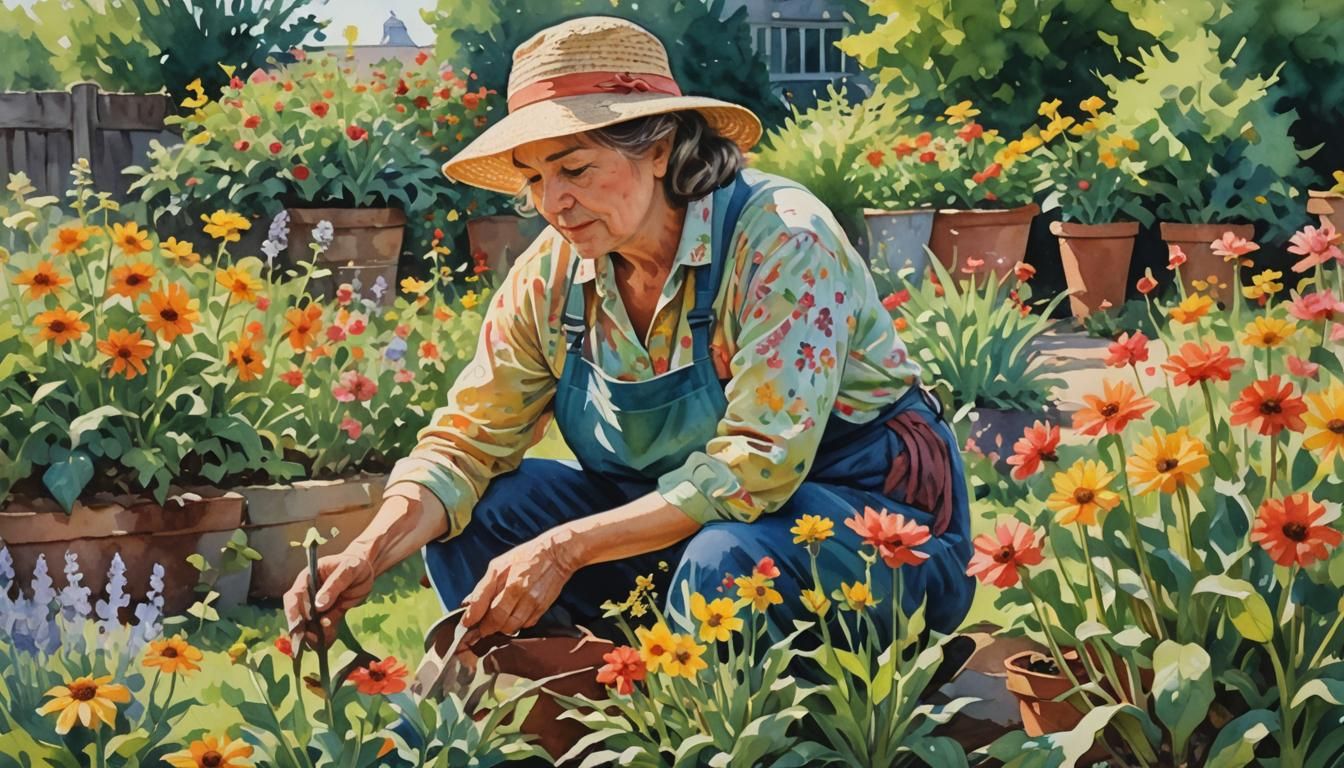 Gardening Woman in Gouache Watercolor Style