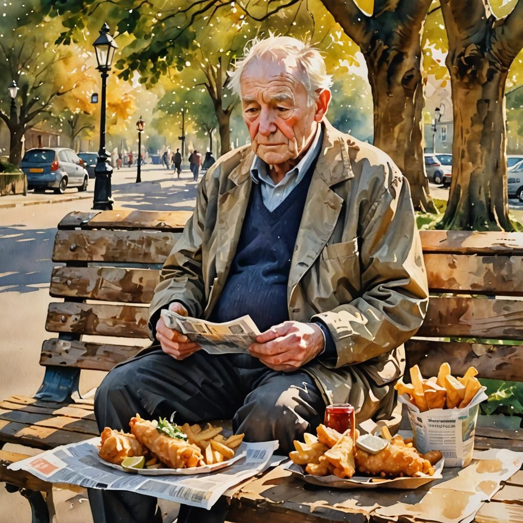 Elderly Man Eating Fish and Chips: Watercolor Impressionism