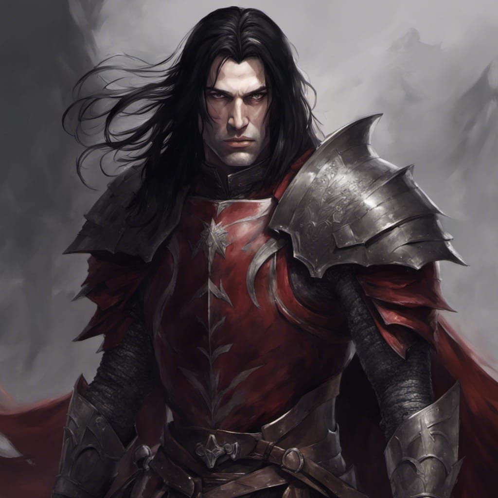 Half-Elf Knight in Dark Red Armor, Digital Art