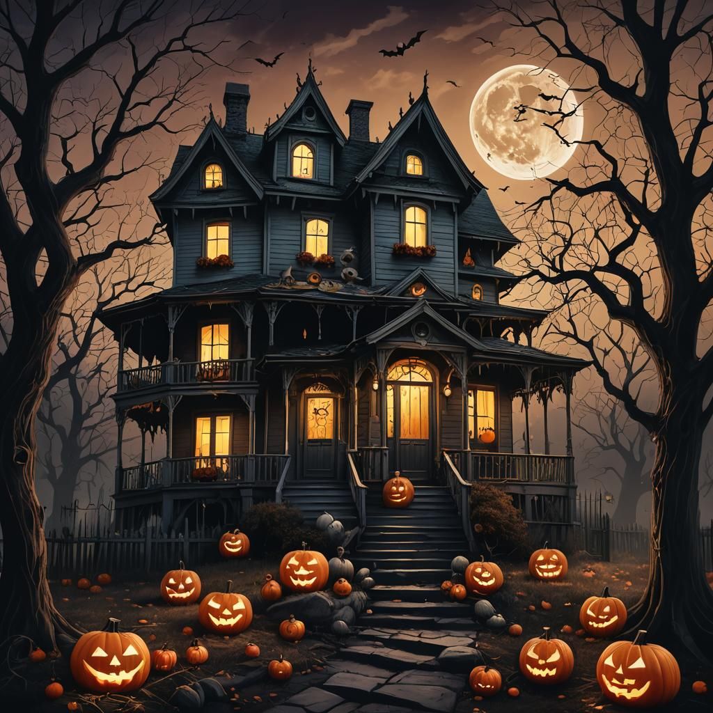 Eerie Haunted House Halloween Night in Conceptual Art