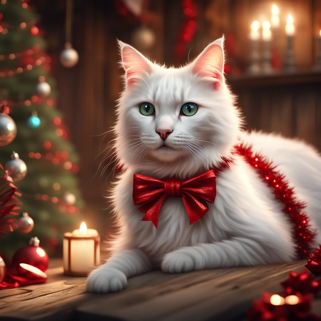 Festive White Cat in Christmas Cabin, Digital Painting