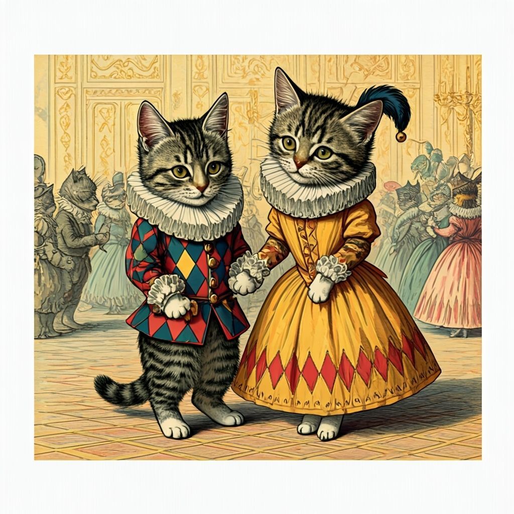 Style of Tenniel, a tabby kitten dressed as a masked harlequ...