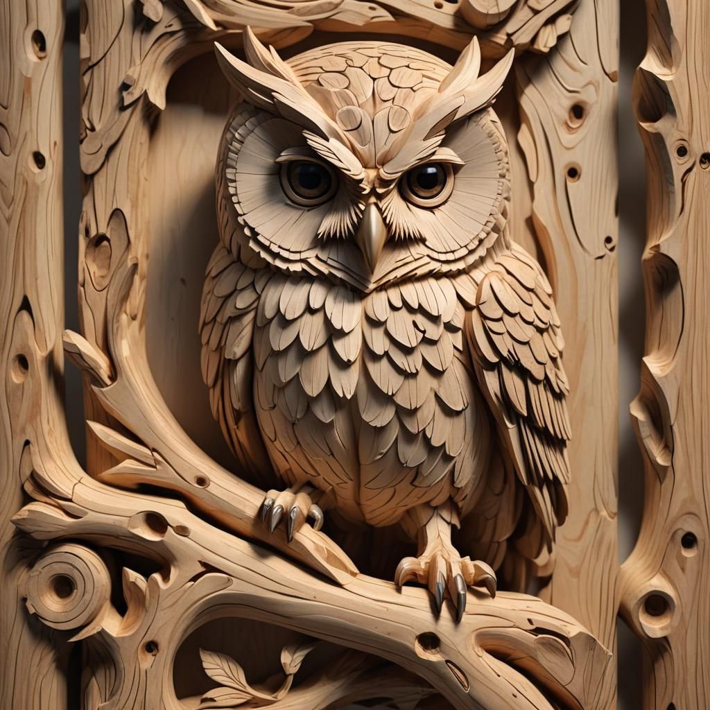 Detailed Wood Carving of an Owl