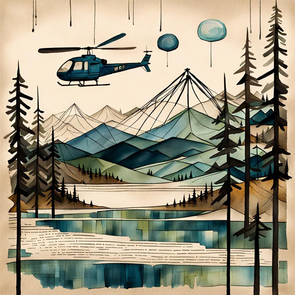 Isometric Helicopter Over Lake Newspaper Sketch