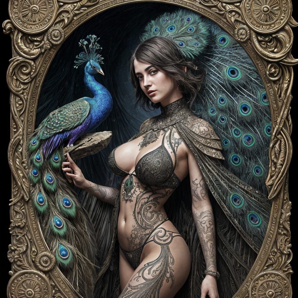 Fractal Paisley Peacock in H.R. Giger's Dark Style