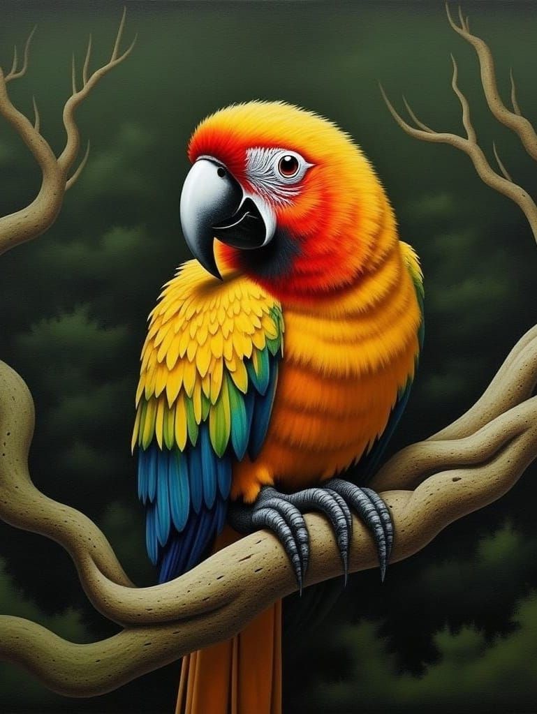 Parrot Portrait in Jungle, Oil Painting Style