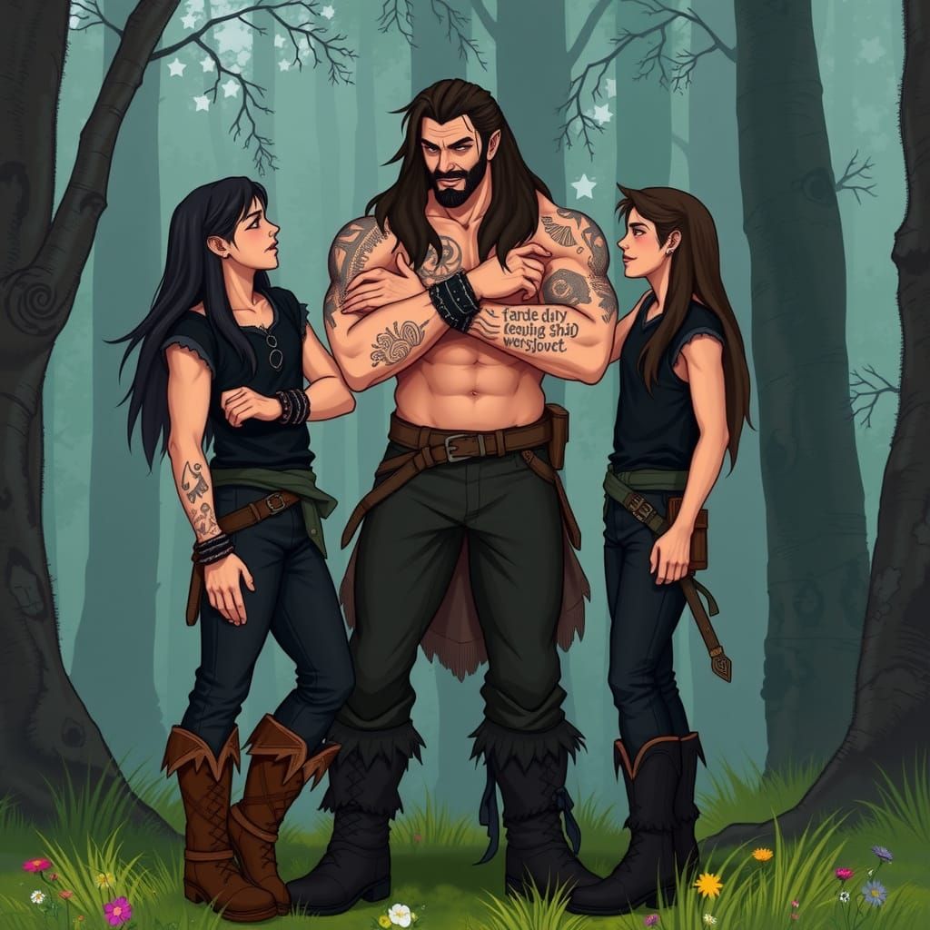 Strong Witch Father Embracing His Twin Sons in a Dark Forest