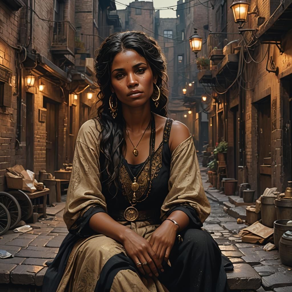 Romany Woman in Golden Hour, Fantastical Alleyway Scene