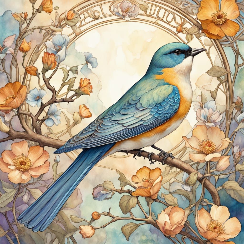 Floral Bird in Art Nouveau Watercolor Style