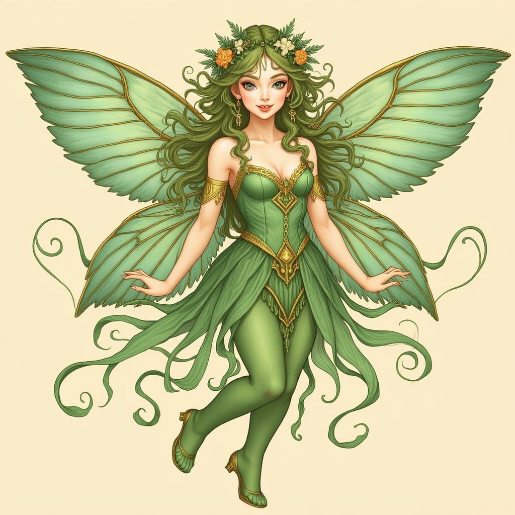 Ethereal Green Fairy in Art Nouveau Style
