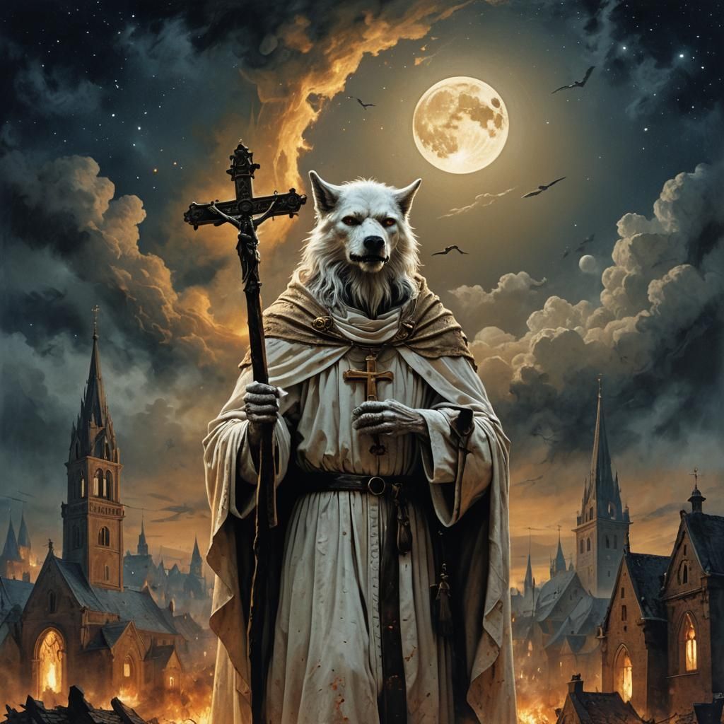 Lycanthrope Priest Amidst Burning Churches