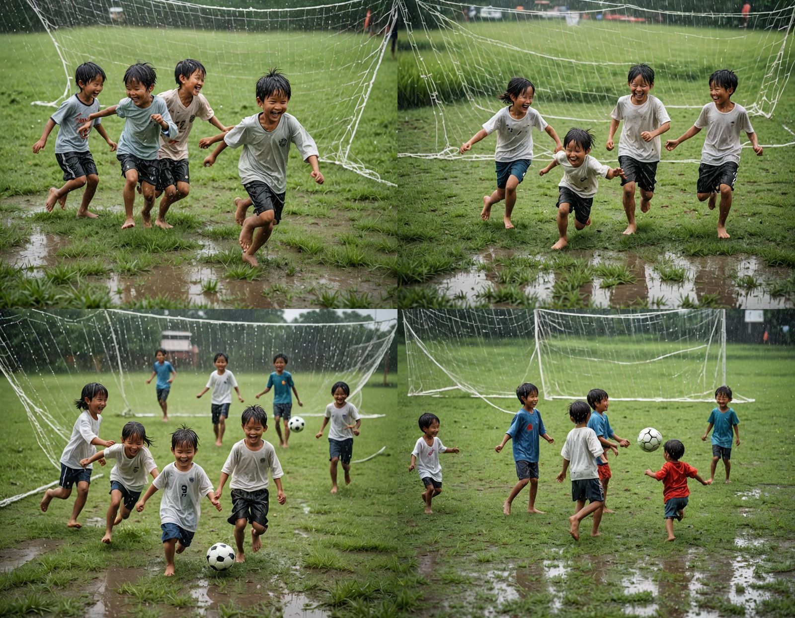 Children Playing Happily in Rainy Soccer Field