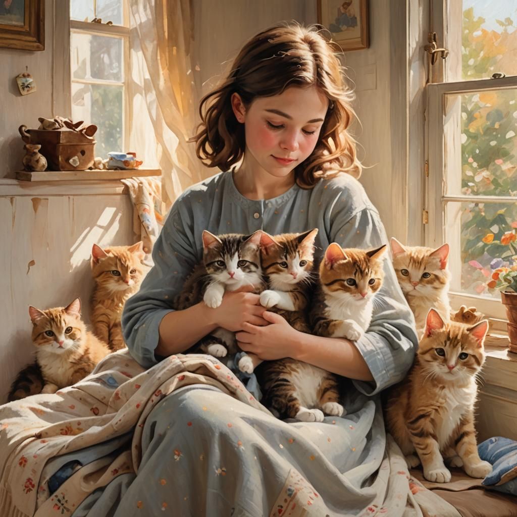 Girl Cradling Kittens: Impressionistic Sunlight